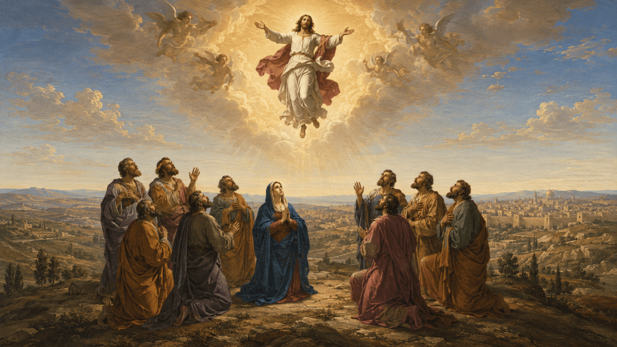 Ascensão do Senhor: Cristo elevado ao céu diante dos discípulos e de Maria