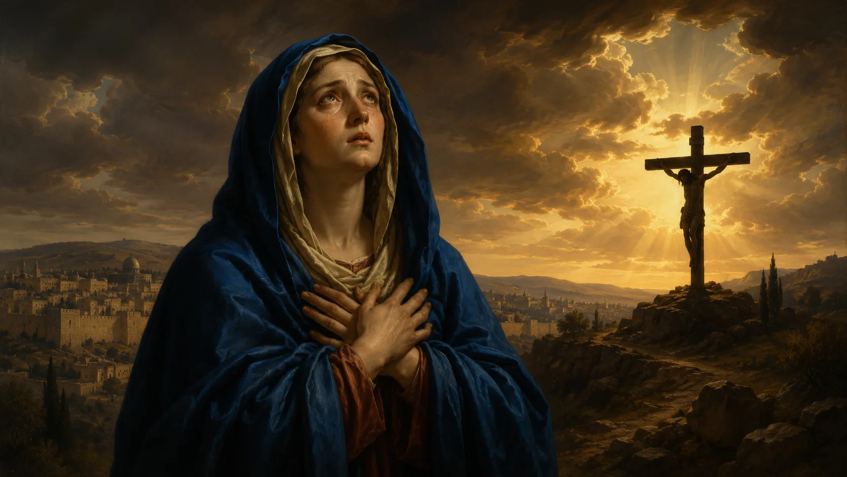Maria junto da Cruz no Calvário: stabat Mater, paz na tribulação com promessa da vitória pascal