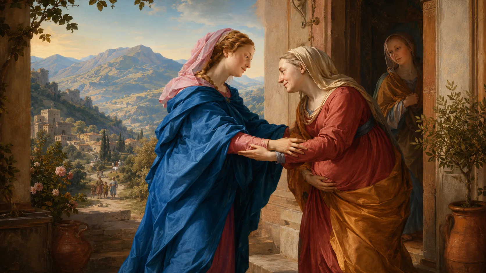 A Visitação: Maria e Isabel encontram-se em estância renascentista, com paisagem montanhosa da Judeia