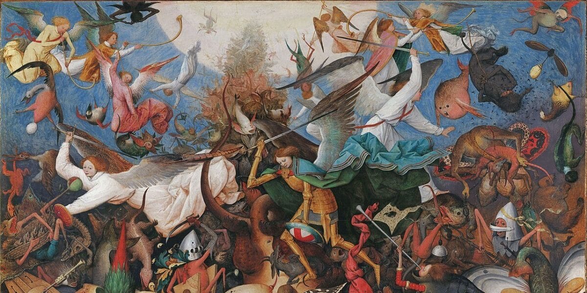 São Miguel de armadura dourada combate o dragão do Apocalipse e os anjos rebeldes, que caem do céu como monstros (pormenor)