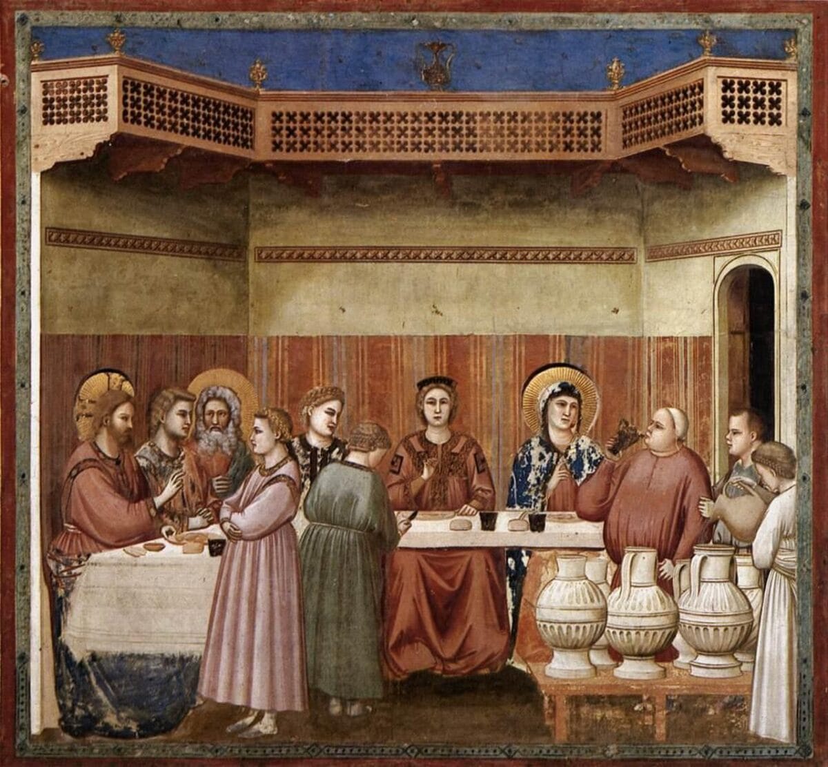 Maria à mesa das bodas de Caná junto da noiva, Cristo abençoando à esquerda e o mestre-sala provando o vinho