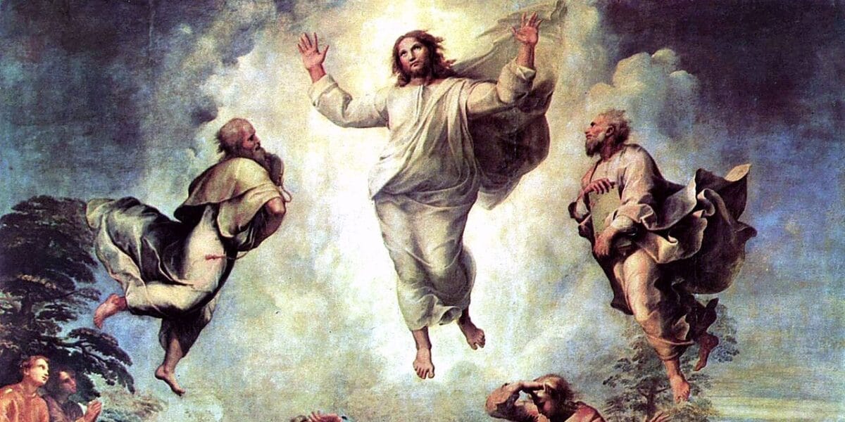 Cristo transfigurado em luz entre Moisés e Elias sobre o Tabor, com os apóstolos e o jovem possesso abaixo (pormenor)