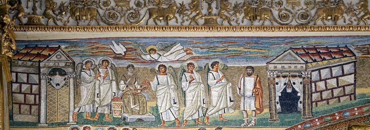 Mosaico dourado da Anunciação, Maria em trajes imperiais a fiar a púrpura entre anjos, Gabriel em voo, a pomba do Espírito Santo e José à direita