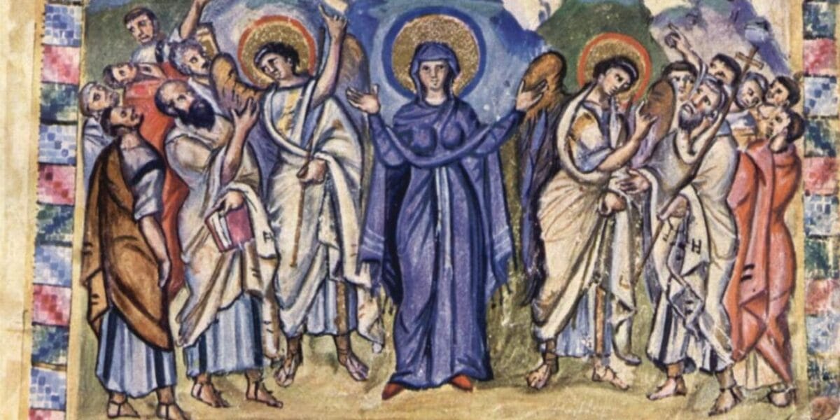 Iluminura siríaca da Ascensão, Cristo numa mandorla levada por anjos e Maria de braços erguidos entre dois anjos e os apóstolos (pormenor)