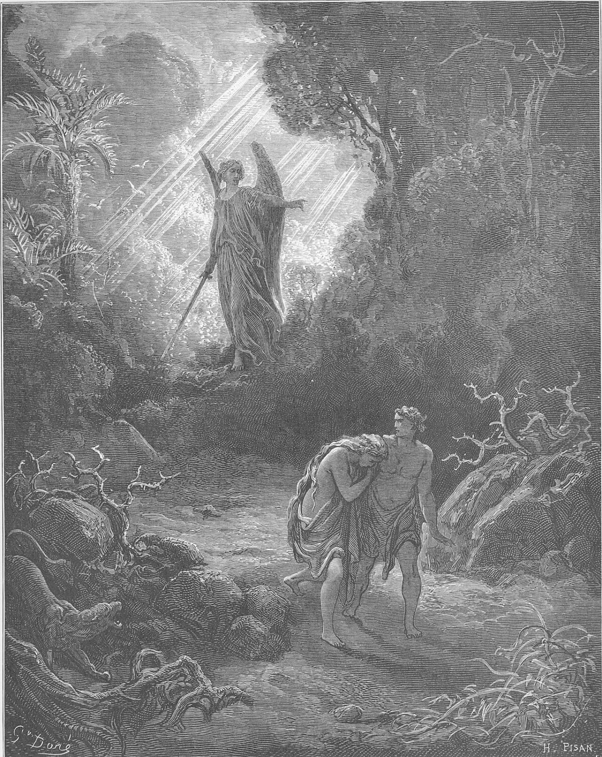 Querubim com espada envolto em luz divina expulsa Adão e Eva do Éden para a escuridão, gravura