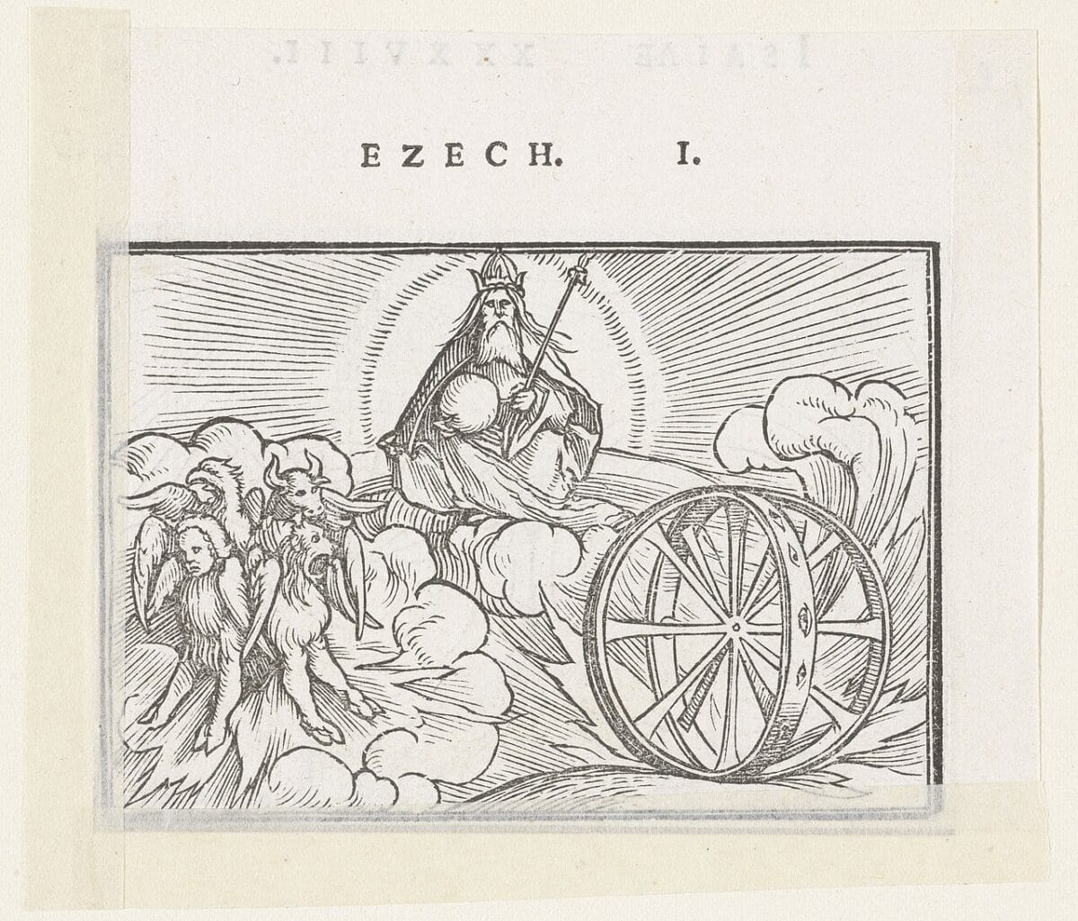 Xilogravura da visão de Ezequiel com Deus coroado, sentado sobre nuvens num halo de luz, com globo e cetro, à esquerda quatro seres alados, um com rosto de homem, outro de águia, outro de touro e outro de leão, e à direita, entre chamas, a roda dentro da roda com olhos no aro