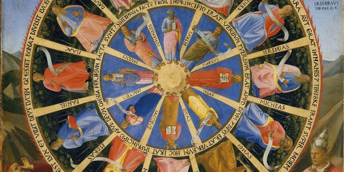 Painel de Fra Angelico com a roda dentro da roda de Ezequiel, na roda exterior doze figuras do Antigo Testamento e na interior os oito autores do Novo Testamento, com o profeta Ezequiel e São Gregório Magno sentados em baixo (pormenor)