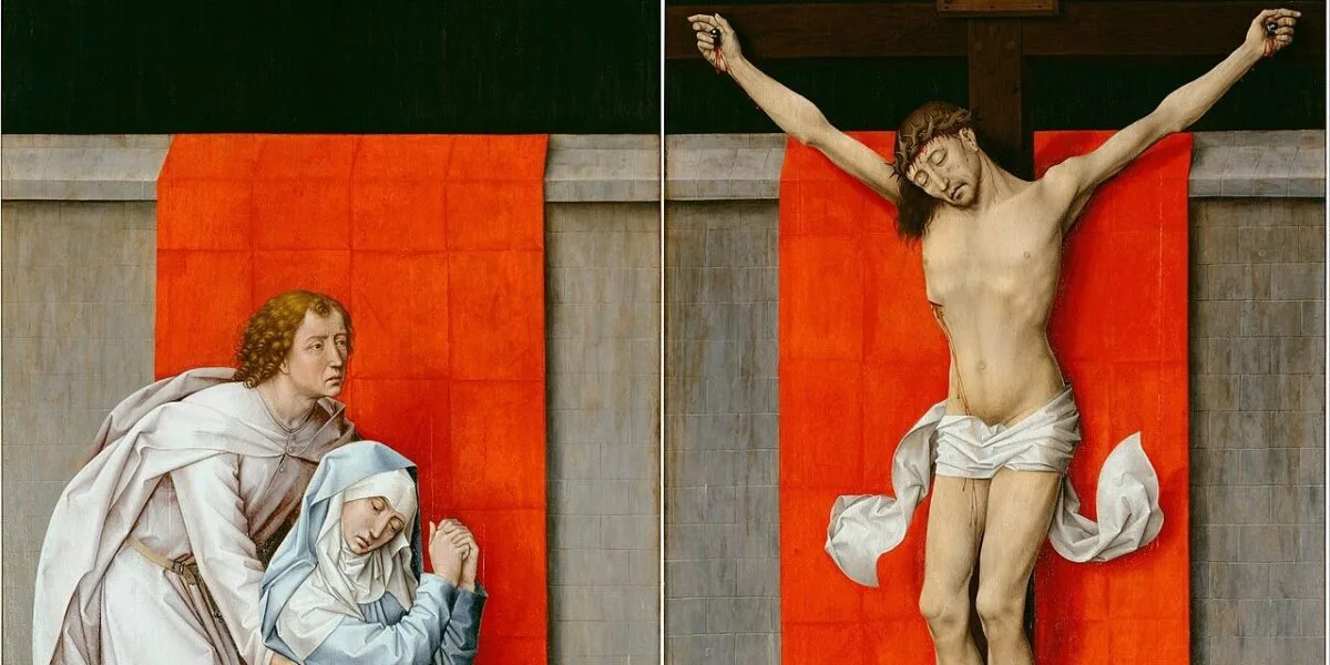 Díptico com a Virgem Maria desfalecida amparada por São João à esquerda e Cristo crucificado à direita (pormenor)