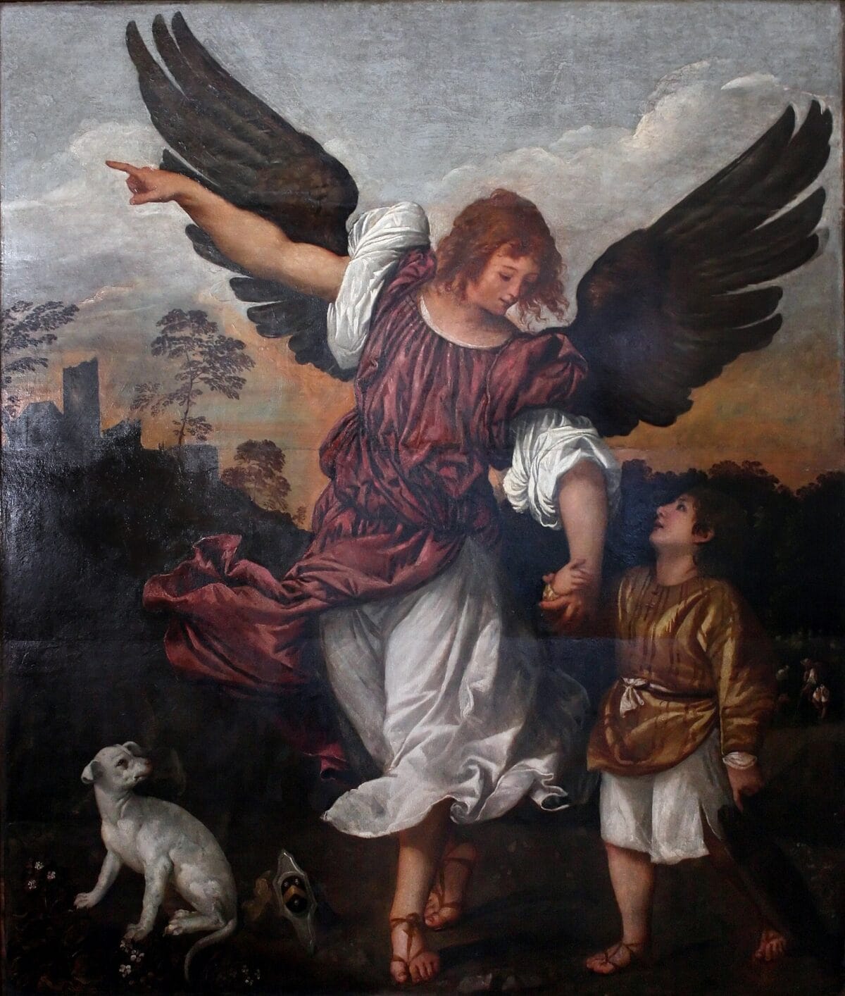 O arcanjo Rafael, de asas abertas, conduz o jovem Tobias pela mão, com um cão aos pés (Ticiano, c. 1512-1514)