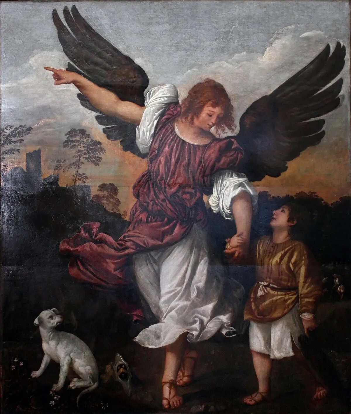 O arcanjo Rafael, de asas abertas, conduz o jovem Tobias pela mão, com um cão aos pés (Ticiano, c. 1512-1514)